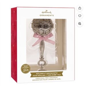 Hallmark (Baby's First Christmas Silver Rattle with Pink Ribbon 2025, Metal)
